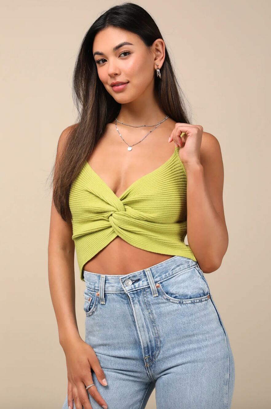 NEW Lulus Melika Lime Green Ribbed Knotted Crop Tank Top Size XS Casual *FLAW*